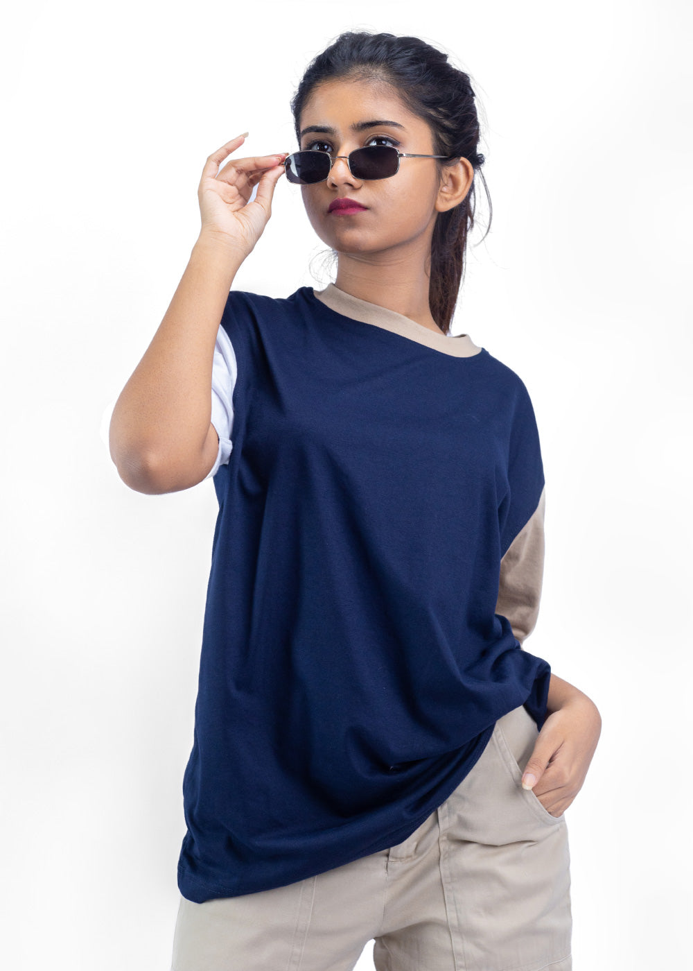 Neutral Nautical Navy Blue and Khaki Blend Oversized T-Shirt