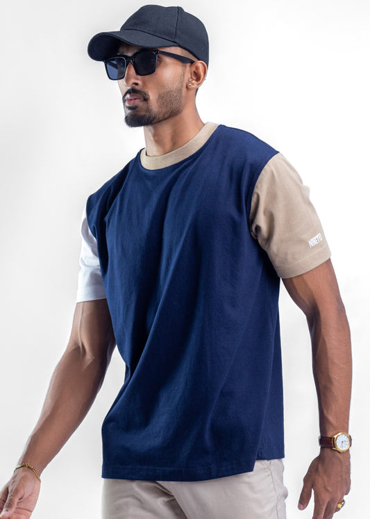 Neutral Nautical Navy Blue and Khaki Blend Oversized T-Shirt