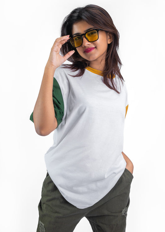 Sunny Breeze White and Mustard Yellow Harmony Oversized T-shirt