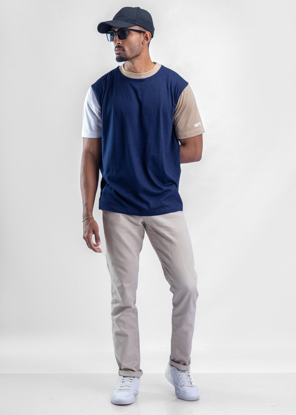 Neutral Nautical Navy Blue and Khaki Blend Oversized T-Shirt