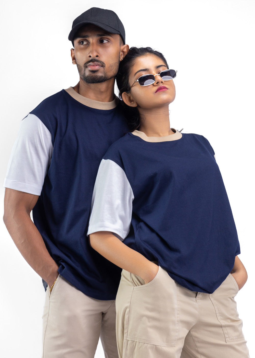 Neutral Nautical Navy Blue and Khaki Blend Oversized T-Shirt